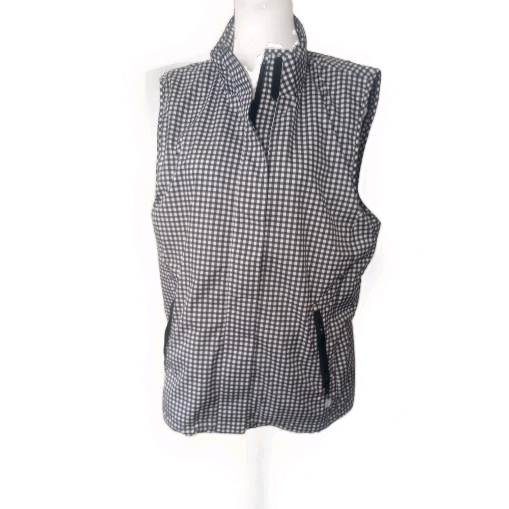 Talbots Womens Black White Gingham Terry Lined Full Zip Vest LK4907 Sz L Active